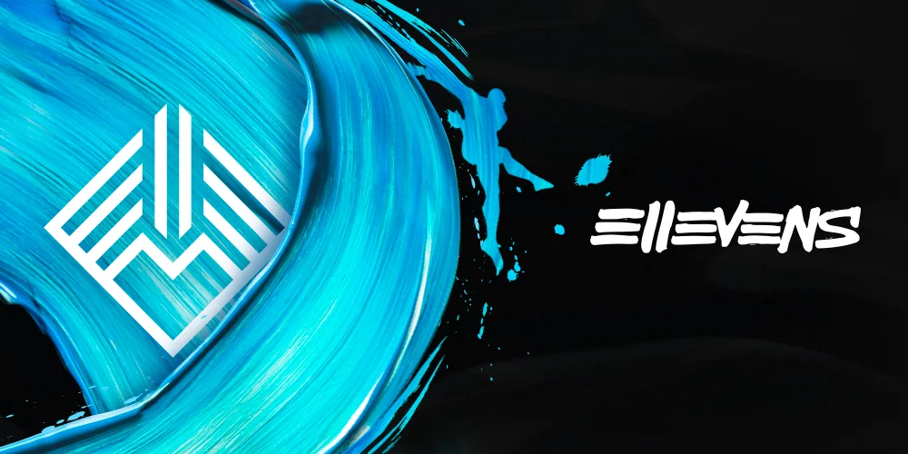 The Ellevens mark, a diamond of white parallel lines, on a stroke of cyan paint, beside the wordmark in white on black