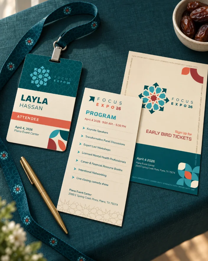 An attendee badge on a teal pattern lanyard on the FOCUS Expo registration table, beside the program card listing the day and the early bird flyer, with a brass pen and a bowl of dates on a teal linen cloth
