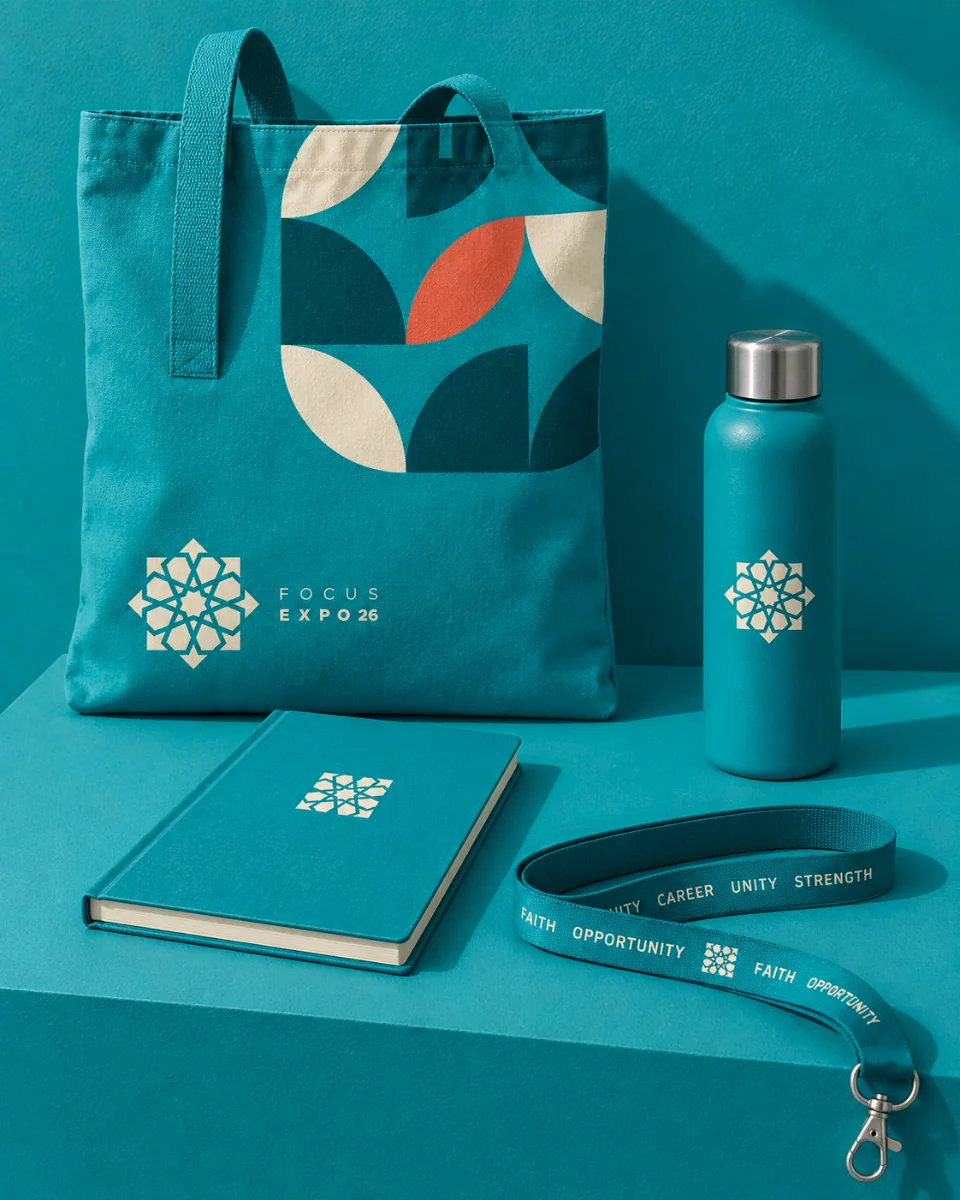 A concept for a FOCUS Expo welcome kit, all in the convention's teal on a teal set: a canvas tote printed with large quarter-circle and leaf modules in deep teal and ivory with one tangerine leaf and the ivory compass lockup, FOCUS EXPO 26; a teal steel bottle with the compass rosette; a cloth notebook with the rosette in ivory foil; and a lanyard printed Faith, Opportunity, Career, Unity, Strength