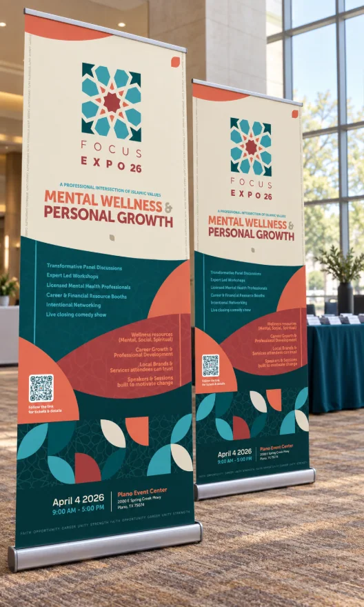 Two FOCUS Expo roll-up banners standing in a carpeted event-centre foyer in morning light: the rosette logo, "Mental Wellness & Personal Growth", the program and pillars on teal and terracotta waves, a frieze of the brand’s quarter-circle modules and the date, April 4 2026, at Plano Event Center