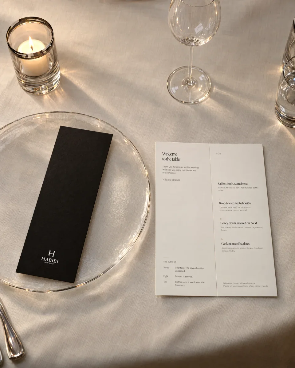 A Habibi New York dinner by candlelight on white linen: a long black card with the H monogram and HABIBI NEW YORK in white on a clear glass plate, and beside it a folded menu, “Welcome to the table”, its four courses from saffron broth to cardamom coffee and dates, and the evening: cocktails at seven, dinner at eight, coffee and a word from the founders at ten