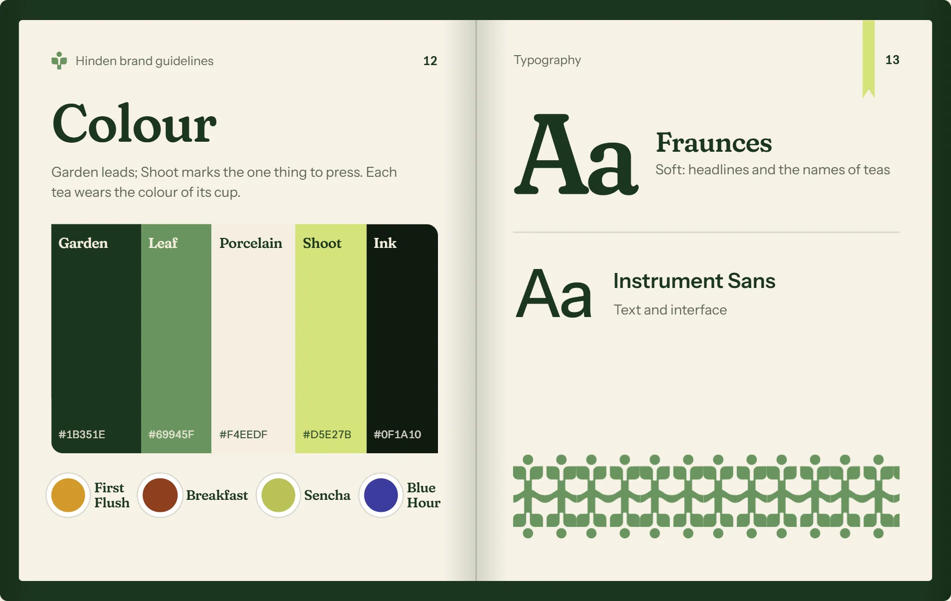 An open spread of Hinden's brand guidelines: the colour pages, garden green, leaf, shoot and porcelain with the four teas' colours, and the type pages, Fraunces and Instrument Sans