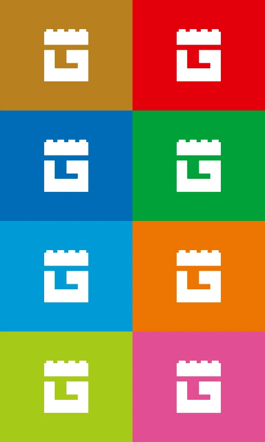 The LEGO Games G, a letter built like a brick with its studs on top, in white on eight tiles: gold, red, blue, green, sky blue, orange, lime and pink