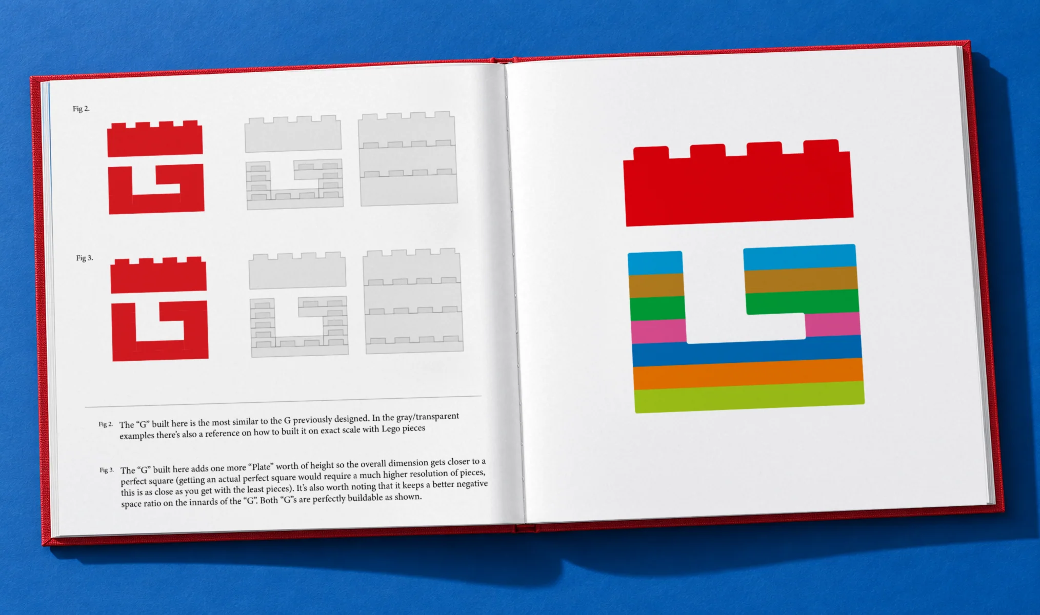 A square LEGO Games logo guidelines book bound in red cloth, lying open on blue paper in hard sunlight: on the left page the G drawn in red beside the same G built from bricks and plates in grey, Fig 2 and Fig 3 with their notes; on the right a large G, its studded brick in red over seven stacked plates of sky blue, ochre, green, pink, blue, orange and lime