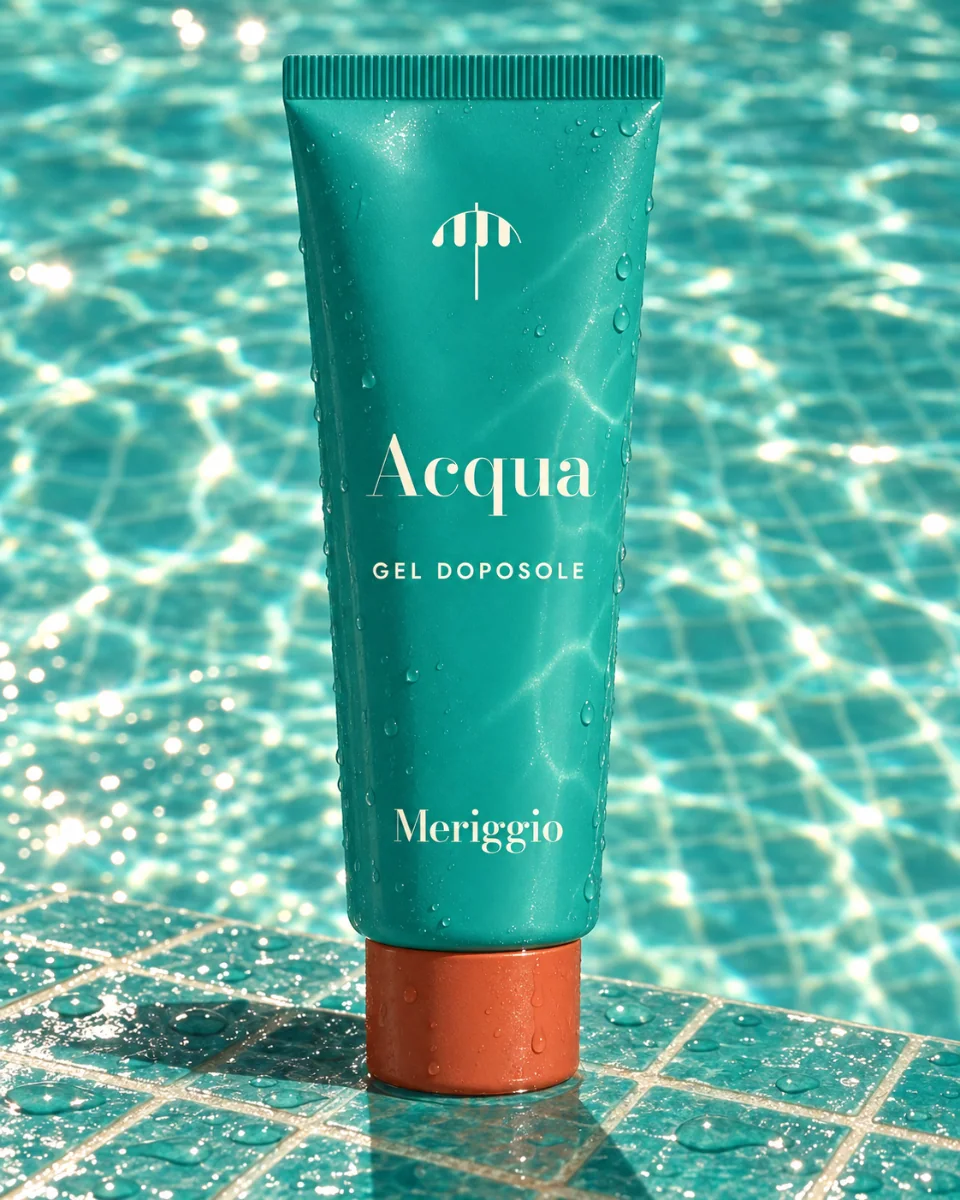 A turquoise tube of Meriggio’s Acqua after-sun gel, printed in cream with the striped parasol, “Acqua” and “Gel doposole”, standing on its terracotta cap on the wet turquoise tiles at a pool’s edge in hard noon sun, the water behind it netted with caustics