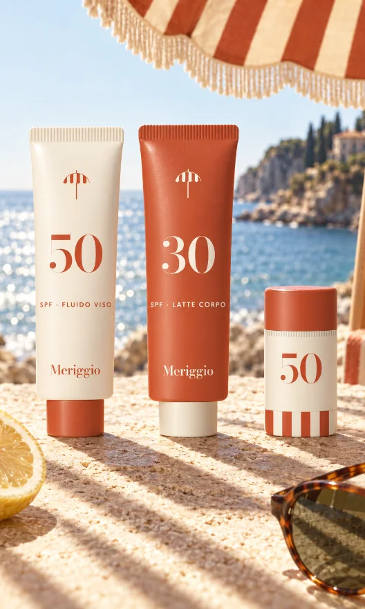 The Meriggio range on warm travertine by the sea: a linen tube marked 50, a terracotta tube marked 30 and a striped stick, under the fringe of a striped umbrella, with a lemon and sunglasses